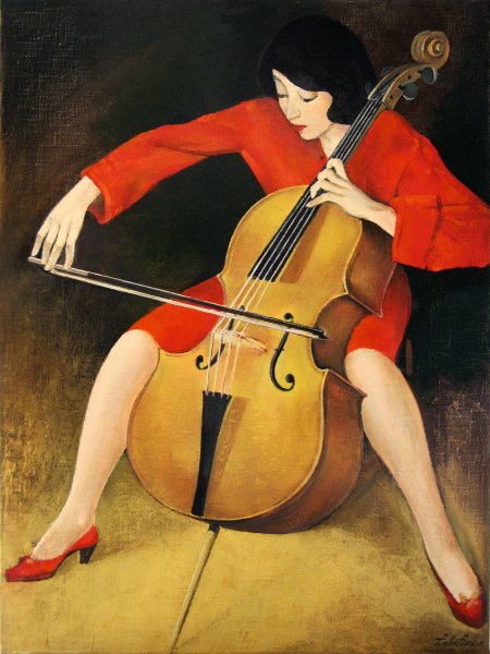 Woman playing cello of Róbert Berény 