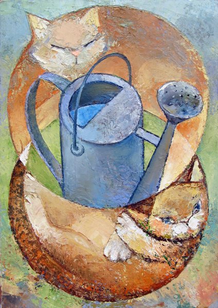 Two cats and watering can