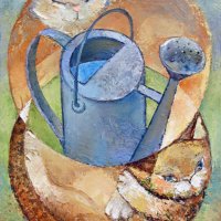 Two cats and watering can